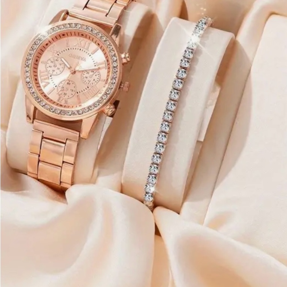 Ladies rose gold watch, bracelet, necklace and earrings